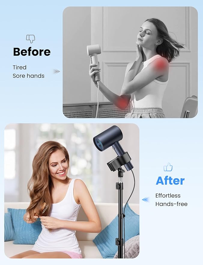 Nineigh Hair Dryer Stand Hands Free, 20-63 Inch Adjustable Hair Dryer Holder with Tripod & Universal Clip, Blow Dryer Stand for Bathroom Salon Home, Perfect for Long Hair & Stylists