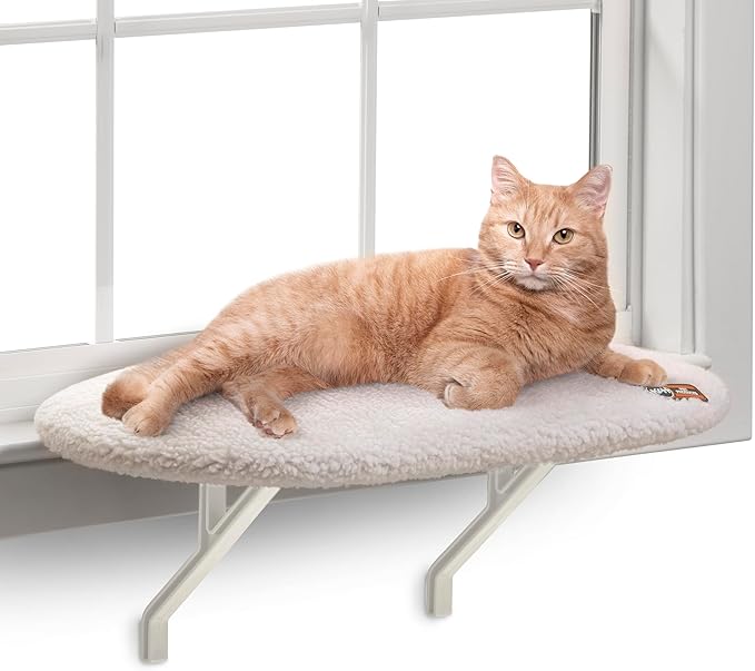 K&H Cat Window Perch for Large Cats - Heavy Duty Kitty Sill Bed Holds 40 lbs, Orthopedic Cushion, Washable Cover, Soft Fleece Window Hammock, 24x14 Inch, Cream