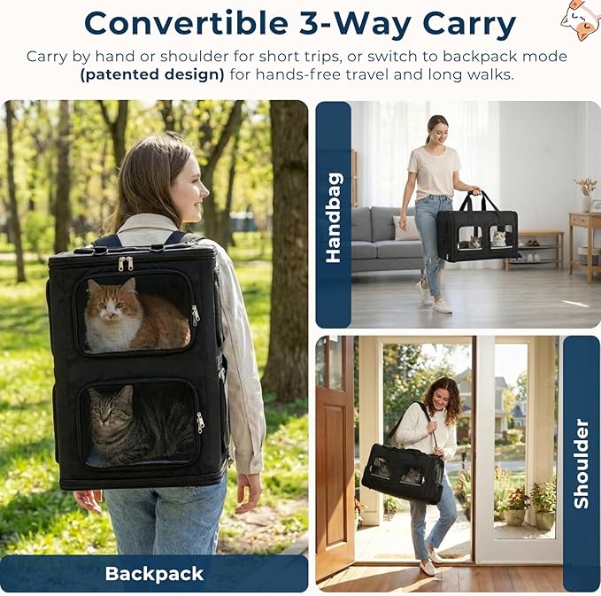 Extra Large 3-in-1 Cat Carrier for 2 Cats, with Removable Divider, Superior Ventilation, Portable Soft Sided Double Cat Carrier Large, Hair Removal Glove, 2*Bowl, Extra Side Storage Bag Included