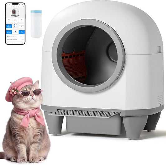 Greesum Self-Cleaning Cat Litter Box with APP Control, Large Capacity Automatic Litter Box for Multiple Cats, Safety Sensor Protection, Low Noise Smart Litter Box with Waste Bin, Litter Mat & Bags