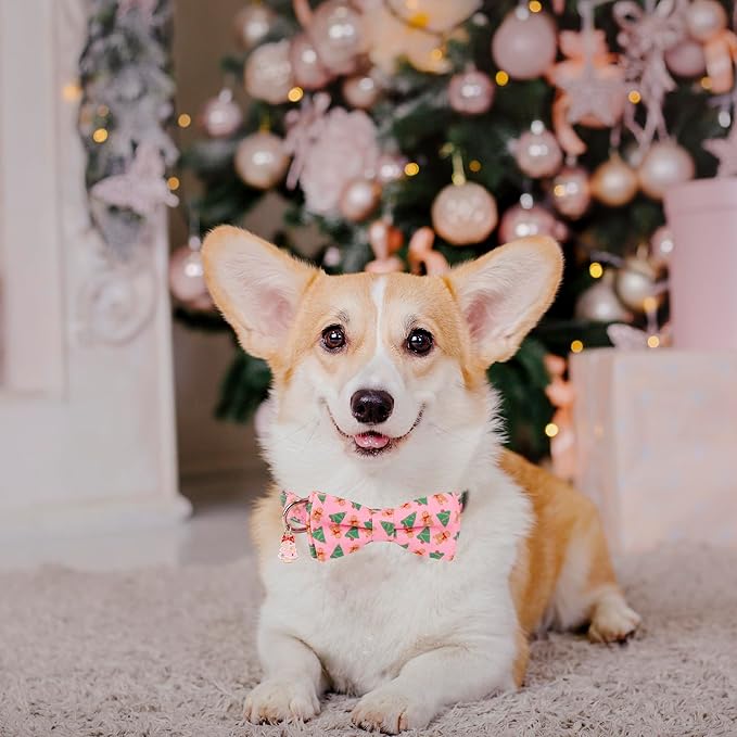 ADOGGYGO Christmas Dog Collar with Detachable Bowtie, Adjustable Pink Pet Christmas Collars for Small Medium Large Dogs (Medium)