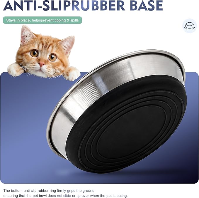 Stainless Steel Shallow Cat Bowls 2 Pack, Whisker Fatigue Free Design, Non-Slip Silicone Base, Heavy Duty Metal Plates, Replacement for Elevated Stands, Suitable for Cats, Kittens and Small Dogs