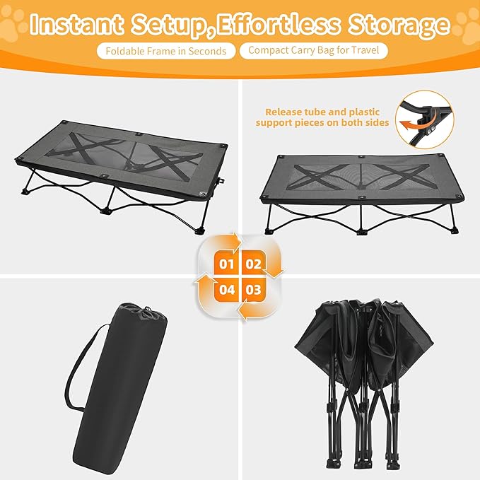 Elevated Dog Bed with Breathable Mesh, Portable Folding Dog Cot Bed Raised Cooling Pet Cot with No-Slip Feet & Carrying Bag Perfect for Travel, Camping, Backyard Outdoor Indoor Use