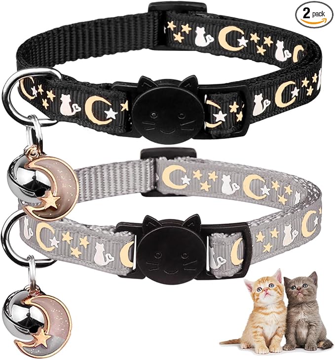 Baeuppit 2PCS Breakaway Cat Collars with Bell Cute Kitty Glow in The Dark Adjustable Kitten Collars 7.9-13.0 Inch(Grey&Black)