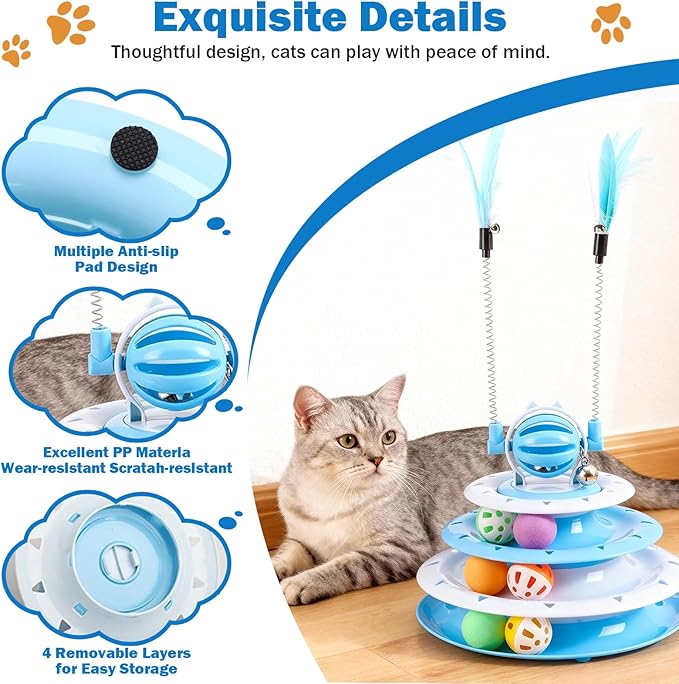 Cat Turntable Toy Ball - Interactive Kitten Toys & Toys for Indoor Cats with 6 Colorful Balls & 2 Cat Teaser Wands, Fun Mental & Physical Exercise Puzzle Plaything for Kitty Kitten to Play (Blue)