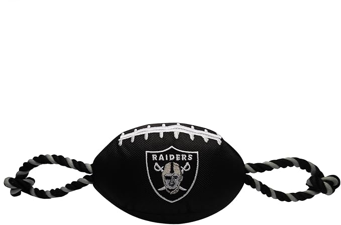 Pets First NFL Raiders Football Dog Toy, Tough Quality Nylon Materials, Strong Pull Ropes, Inner Squeaker, NFL Team Color