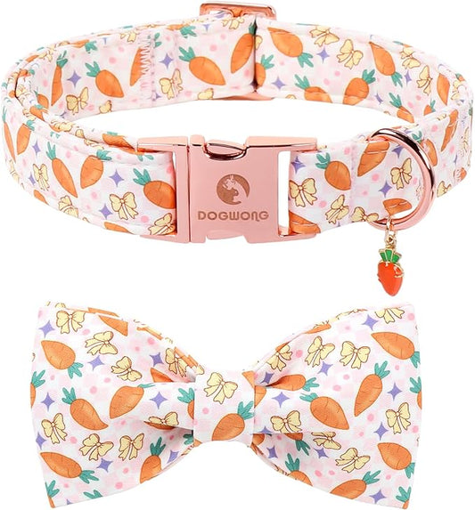 DOGWONG Easer Dog Collar with Bow,Pink Easter Dog Collar, Adjustable Durable Soft Carrot Easter Dog Collars for Male Female Puppy,L