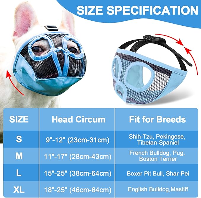 Short Snout Dog Muzzles- Adjustable Breathable Mesh Bulldog Muzzle for Biting Chewing Training Grooming Dog Mask,Blue M