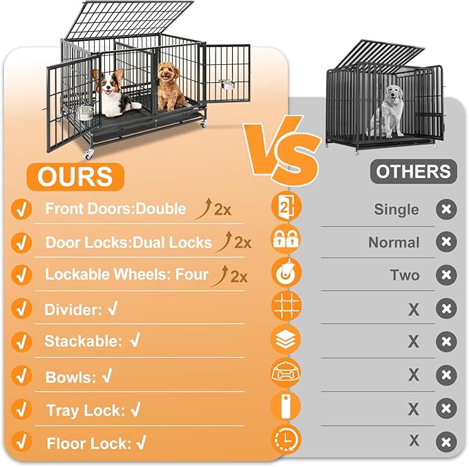 Homey Pet 4 Pack Three Tiers 43 inch Dog Crate with Wheels, Stackable Heavy Duty Indestructible Steel Dog Cage Kennel Indoor with Detachable Divider, Tray, Bowls, Escape Proof Locks