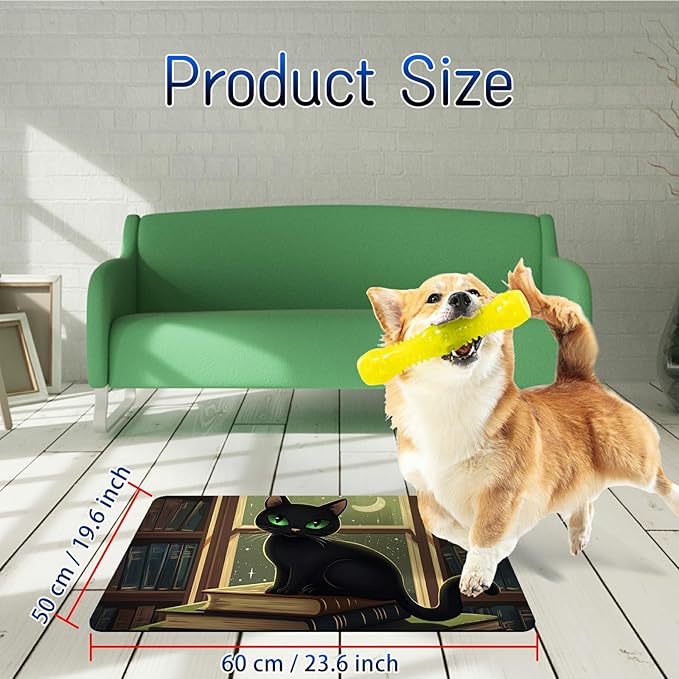 Dog Food Mat, 19.6" x 23.6" Absorbent Pet Feeding Mat for Food and Water, Waterproof Diatom Mud Pet Placemat with Non-Slip Rubber Backing, Easy Clean Cat Bowl Mat for Floors - Window Black Cat
