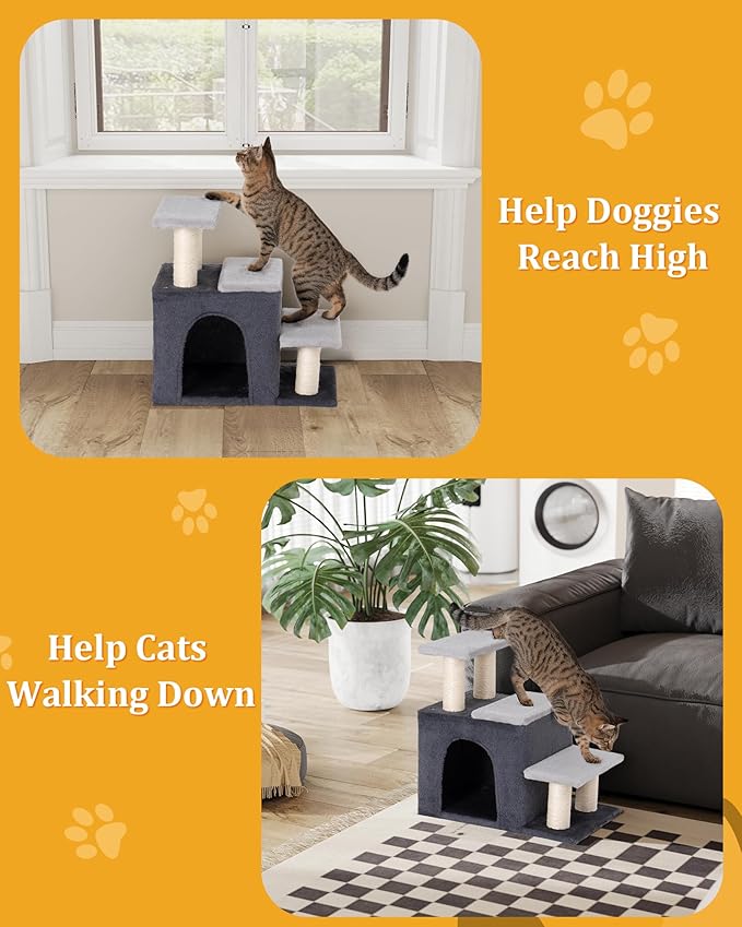 Aechonow 3-in-1 Pet Stairs for Cats, Dog Steps for Small Doggie Rabbits, 6.29''Depth Cat Stairs, Indoor Cat Ladders for High Bed for Pet's Joints, 1 Cat Condo Cave, Sisal Scratcher, Grey, Medium
