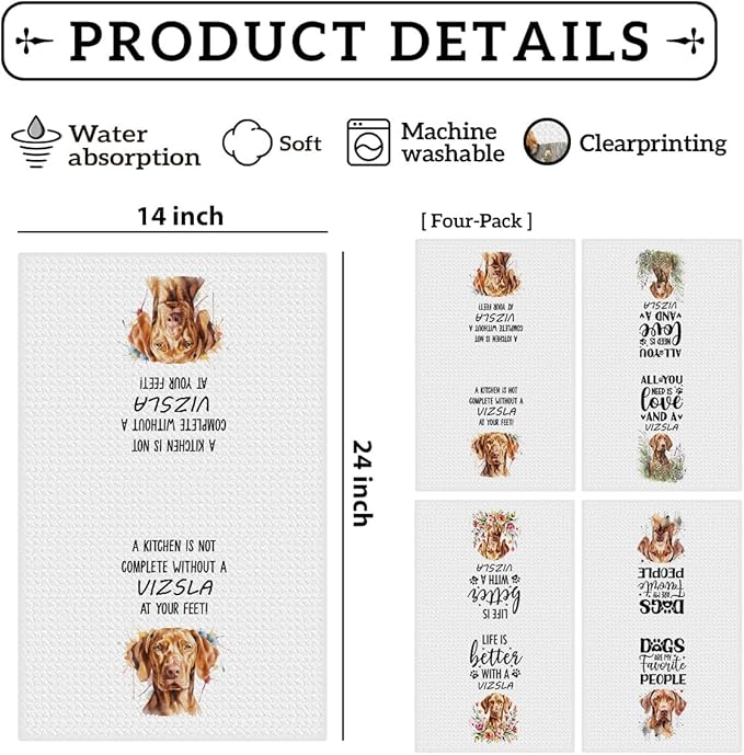 4Pcs Cute Vizsla Kitchen Towels 24x14 Inch, Vizsla Gifts for Woman Mom, Reusable Waffle Weave Microfiber Absorbent Hand Tea Dish Towels for Kitchen Bathroom Home Decor, Dog Lovers Gifts, Pet Owners