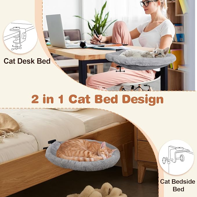 2-in-1 Cat Desk Bed (Vertical & Horizontal Clamp), Space-Saving Cats Bed for Desk Includes 2 Covers (Winter Plush + Summer Mesh), Sturdy Cat Desk Hammock for Indoor Cats, Holds up to 40 lb