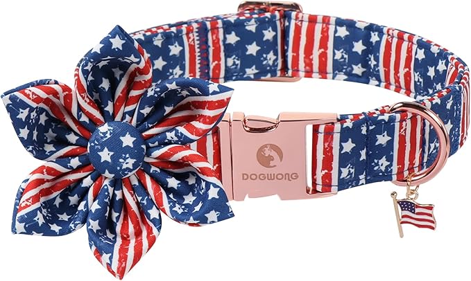4th of July American Flag Dog Collar, DOGWONG Red Blue Flower Dog Collars with Metal Adjustable Buckle, Comfortable Independence Day Dogs Collars for Large Dogs
