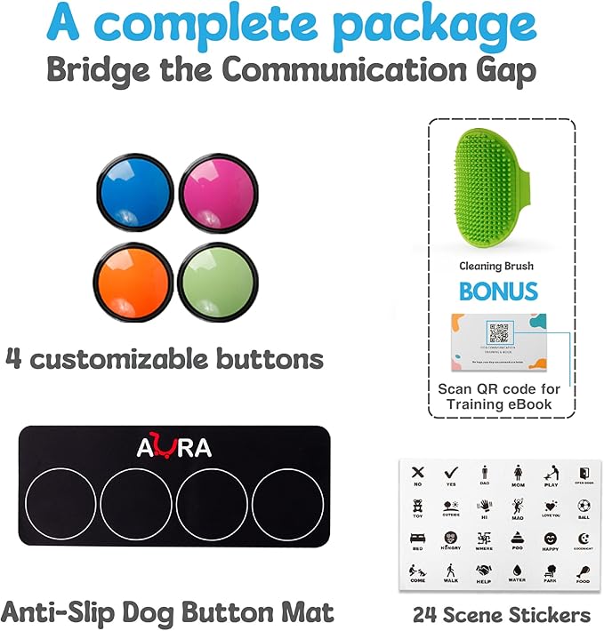 A-URA Dog Talking Buttons for Communication – 4 Recordable Dog Buttons with Anti-Slip Mat, Word Stickers, Training Guide & Video | Dog Communication Buttons for Potty Training, Daily Needs & Behavior