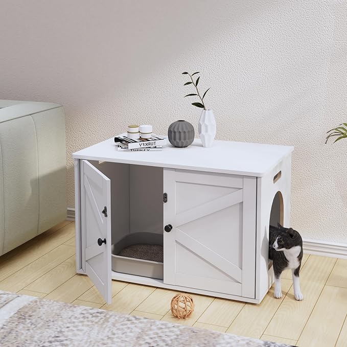 Timberer Cat Litter Box Enclosure, Litter Box Furniture Hidden with Removable Divider, Wooden Cat Washroom Furniture, Indoor Cat House, White