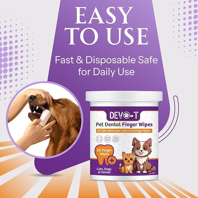 DEVO-T 100% Natural Dog Teeth Cleaning Wipes Unscented | 50 Count | Pet Teeth Cleaning Finger Wipes for Dogs, Cats & Horses | Remove Bad Breath, Plaque & Tartar Buildup | Dog Dental Wipes Finger