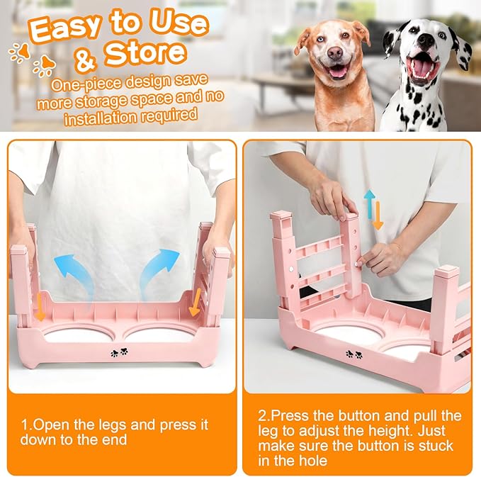 COMESOON Elevated Dog Bowls, 4 Height Adjustable Raised Bowl Stand with 2 Thick 50oz Stainless Steel Food Bowls Non-Slip Feeder Adjusts to 3.7'', 9.2'', 10.75'', 12.36'' Pink