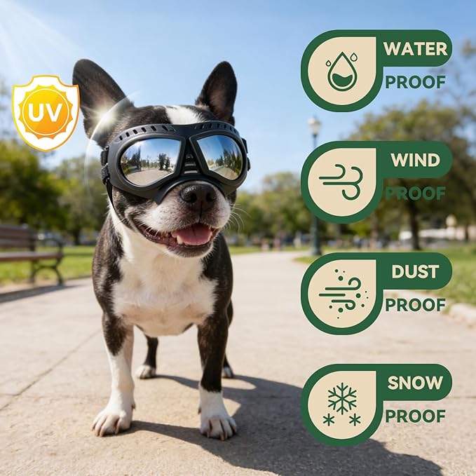 Dog Goggles for Small to Medium Breeds, Small Dog Sunglasses UV Protection Windproof Snowproof, Outdoor Driving/Riding/Hiking Eyes Wear, Soft Frame Adjustable Straps, Silver Lens