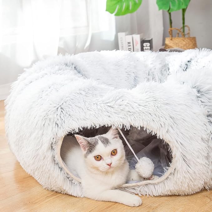 Warm Fluffy Plush Cat Dog Tunnel Bed Under Christmas Tree Big Tube Playground Toys 3 FT Diameter Longer Crinkle Collapsible 3 Way, for Indoor Cat Kitty Kitten Puppy Rabbit Ferret White