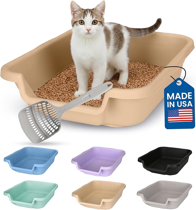 KittyGoHere Senior Cat Litter Box, Small Litter pan with Long-Handle Jumbo Scoop, Open Top Low Entrance Kitty Litters Box, Lightweight Low Entry Litter Box, Durable, Made in USA (Beach Sand)