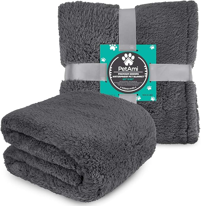 PetAmi Fluffy Waterproof Dog Blanket for Couch and Bed, Reversible Sherpa Pet Throw, Pee Proof Furniture Protector Sofa Cover, Washable Cat Blanket for Medium Large Dogs and Cats (Grey, 60x80)