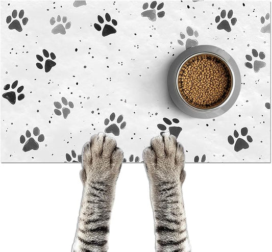 HOMETITUTE 24x16 inch Non Slip Dog Food Mat Pet Bowl Placemat for Food and Water Small Dog Bowl Mats Cat Food Mat Easy to Clean Feeding Mats for Small Pets Paw Print Design