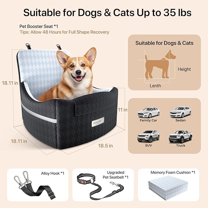 Doglike Dog Car Seat for Small Dogs Up to 35 lbs [2026 Ultimate Comfort & Safety], 5" Memory Foam Pet Booster Seats with Detachable Washable Cover, Dog Bed for Car with Puppy Travel Safety Belts, Grey