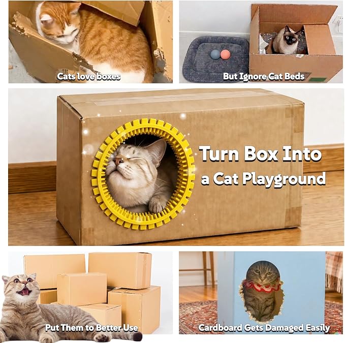 Cat Self Groomer Arch for Cardboard Boxes, DIY Cat Tunnel Brush & Massage Comb for Indoor Cats, Interactive Self Grooming Toy for Cat Cave, Hideouts & Enrichment Play (Sunny Yellow)