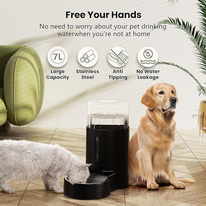 CZPET Dog Water Bowl Dispenser 7L, Wider Mouth & Upgraded Brush for Easy Cleaning Automatic Cat Gravity Refilling Waterer with Removable Stainless Steel Bowl, Large Drinking Area for Multi-Pet (Black)