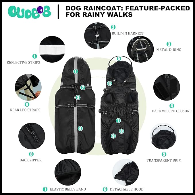 Dog Raincoat for Medium Dogs, Dog Rain Jacket with Adjustable Built-in Harness & Back Zipper, Reflective Strip, Removable Hood, for Rainy Walks, Muddy Roads or After-Bath Outings - Black M