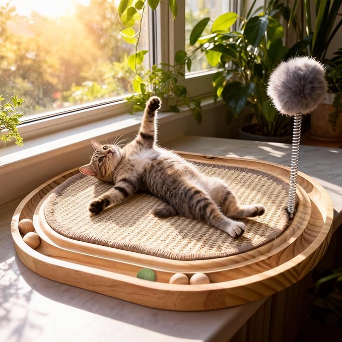 Sisal Cat Scratcher Pad with Wooden Ball Track Toy,Interactive Cat Toys for Kittens & Adult Cats Indoor, Anti-Scratch Furniture Protector for Bored Pet, Cat Enrichment Puzzle