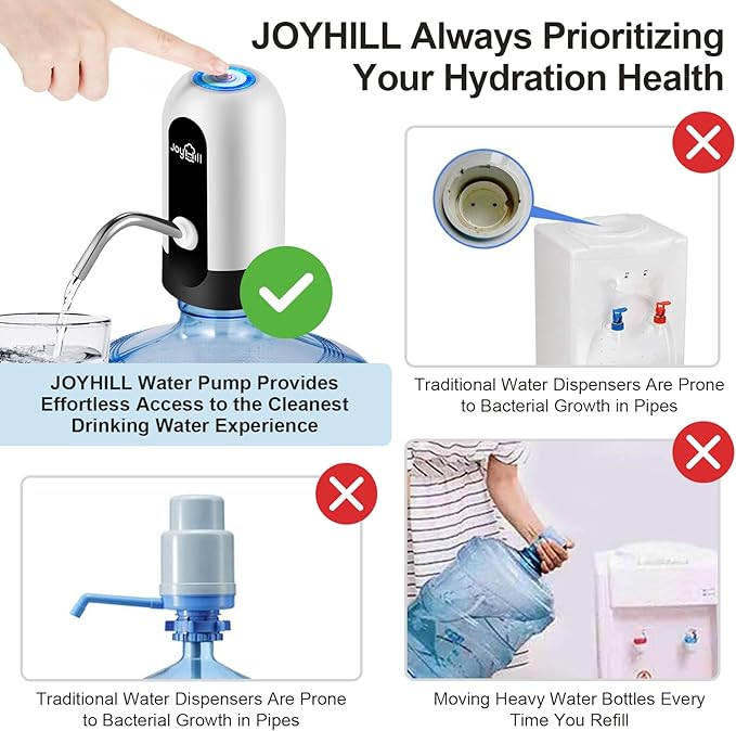 JOYHILL 5 Gallon Water Bottle Dispenser, USB Charging Water Bottle Pump, Portable Water Dispenser Pump for Camping（Black）