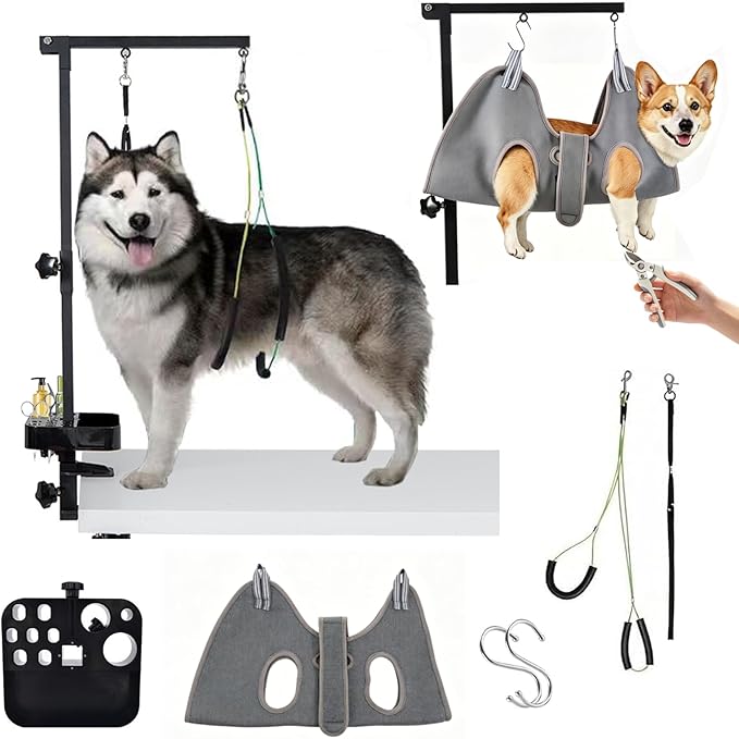 Dog Grooming Arm with Clamp, 15.7-35.4" Height & 14.9" Width, Dog Grooming Station with Hammock & Storage Basket, for Small to Medium Dogs, Perfect for Home Nail Trimming, Drying and Grooming