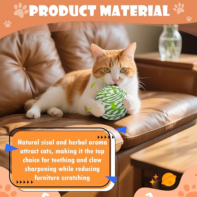 3.94 inch Sisal Cat Ball Toy, Interactive Natural Cat Scratching Ball, Perfect Scratcher for Cats' Exercise and Fun (White and Green Stripes)