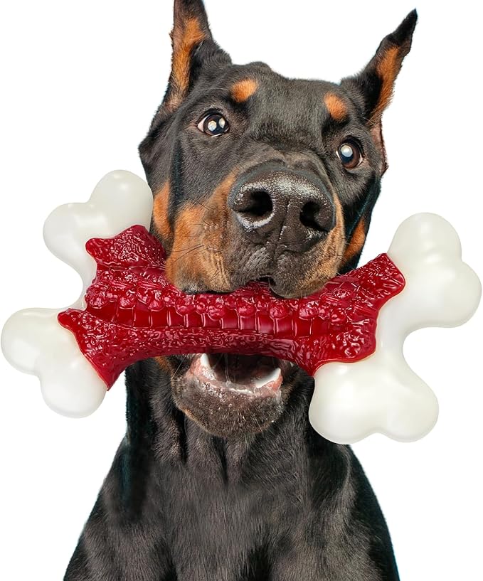Kseroo Indestructible Dog Toys for Aggressive Chewers: Beef Flavored Hard Nylon Bone Chew Toys for Medium Large Breed Dogs (20-90 lbs), Red