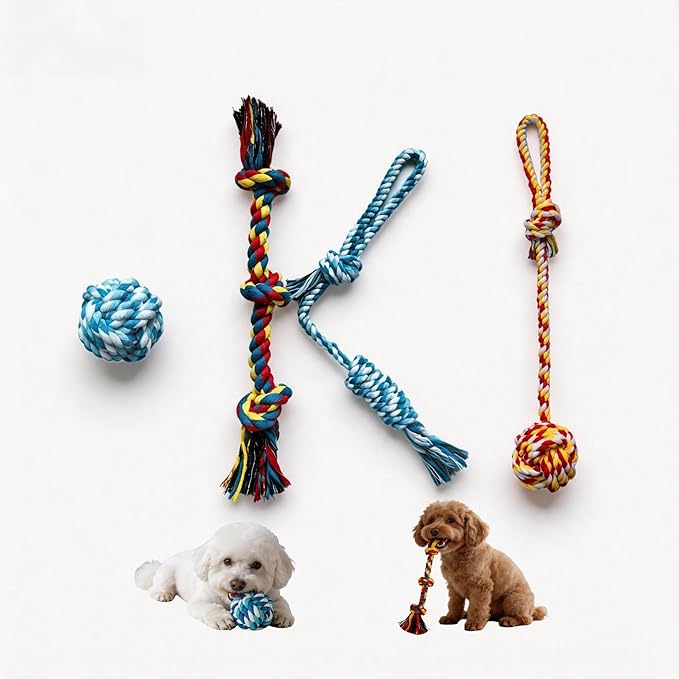 4-Pack Cotton Rope Dog Toys for Small-Medium Breeds, Puppy Teething Chews, Durable Tug-of-War & Fetch Toys for Indoor/Outdoor Play, Aggressive Chewers, Boredom Relief, Teeth Clean