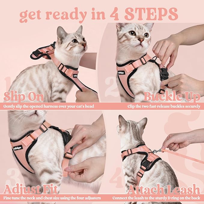 rabbitgoo Cat Harness and Leash Set, Escape Proof Vest Harness for Safe Outdoor Walks, Soft Breathable Adjustable Vest with Reflective Strips for Average to Large Cats, Light Salmon Pink, M