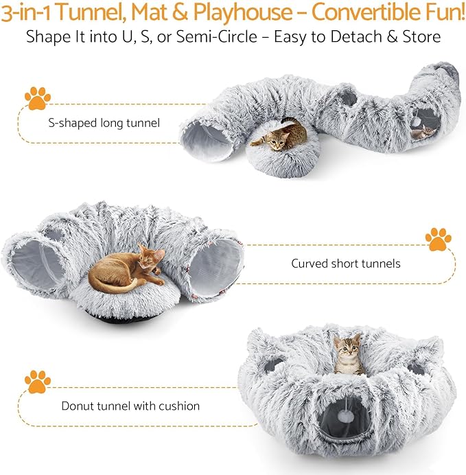 Cat Tunnel Cat Bed for Indoor Cats,Christmas Tree cat Tunnel 3-in-1 Foldable Plush Donut Tunnel with Washable Cushion, Peekaboo Cat Cave with Ears for Kittens, Puppy, Rabbit (Gray)