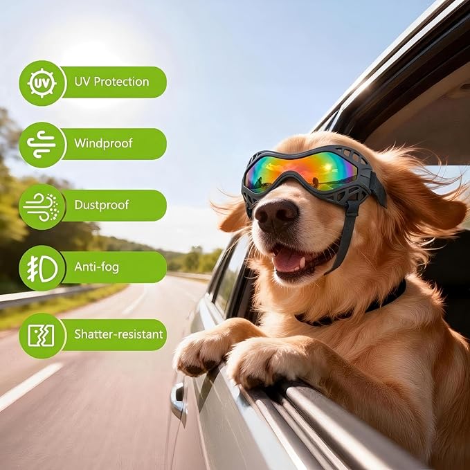 Dog Goggles for Medium to Large Breeds, Adjustable UV Protective Sunglasses with Soft TPU Frame and PC Lens, Windproof & Dustproof Pet Eye Wear for Outdoor Riding, Skiing and Driving (Colored Lens)
