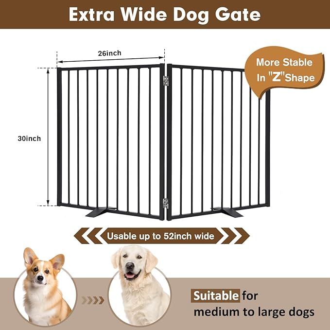 52" Extra Wide Dog Gate Indoor, Heavy Duty Metal Freestanding Dog Gate-Auto Close, Foldable Pet Fence – Anti-Topple Stability Feet for Stairs, Doorways,House,Porch,Deck,Yard(2 Panels,Black)