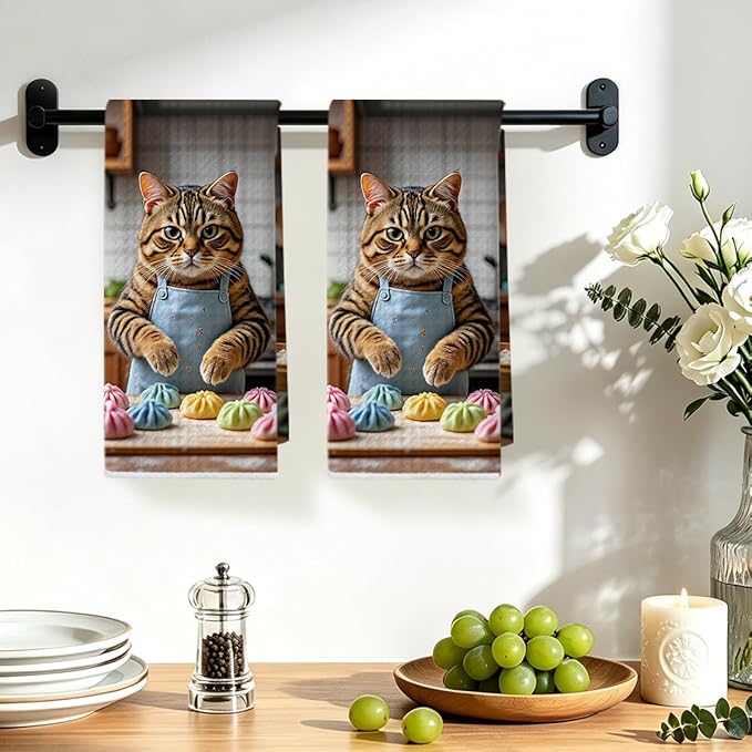 Hanamiya Na 2 Pcs Cute Cat Kitchen Towels 24x14 Inch, Cooking Cats Patterns Reusable Dish Towels for Kitchen Bathroom Decor, Waffle Weave Hand Cloth Tea Towel, Cat Lover Gifts for Women Mom Friend
