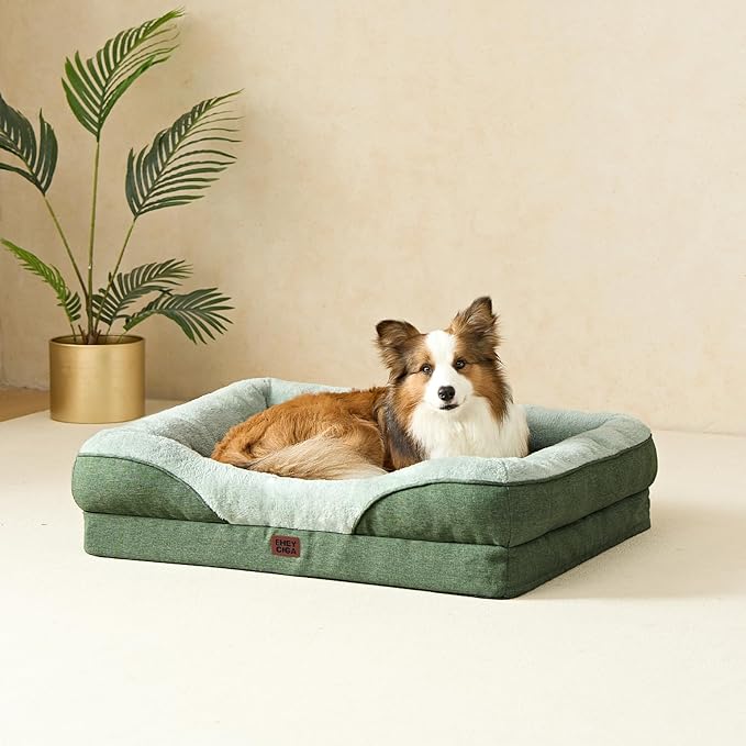 EHEYCIGA Orthopedic Dog Bed for Medium Dog, 35x22 Inch Memory Foam Dog Couch Bed with Sides, Waterproof Liner & Washable Removable Cover, Bolster Pet Sofa, Green
