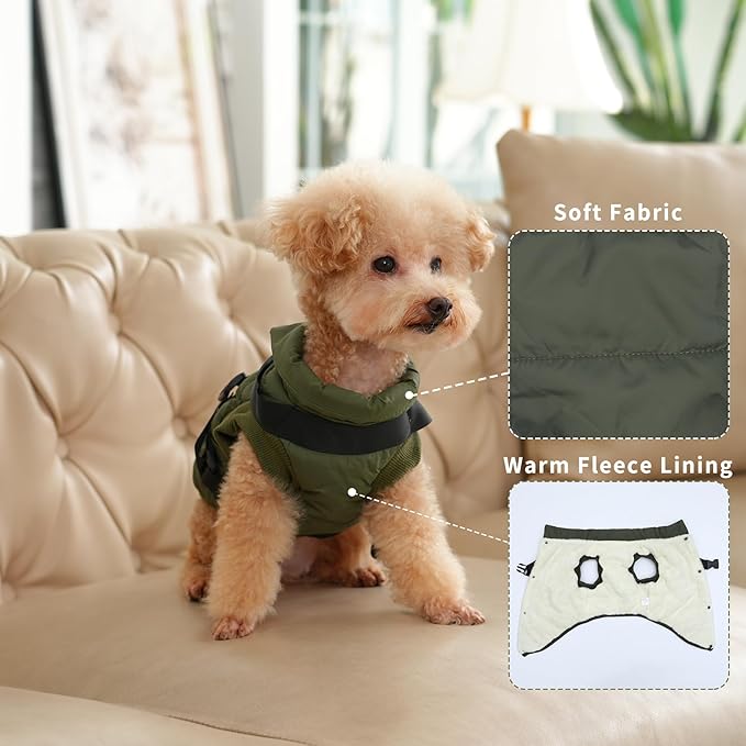 JoyDaog Dog Jacket with Harness,Fleece Lined Warm Puppy Coat for Winter,Soft Windproof Small Dog Vest,Green XS