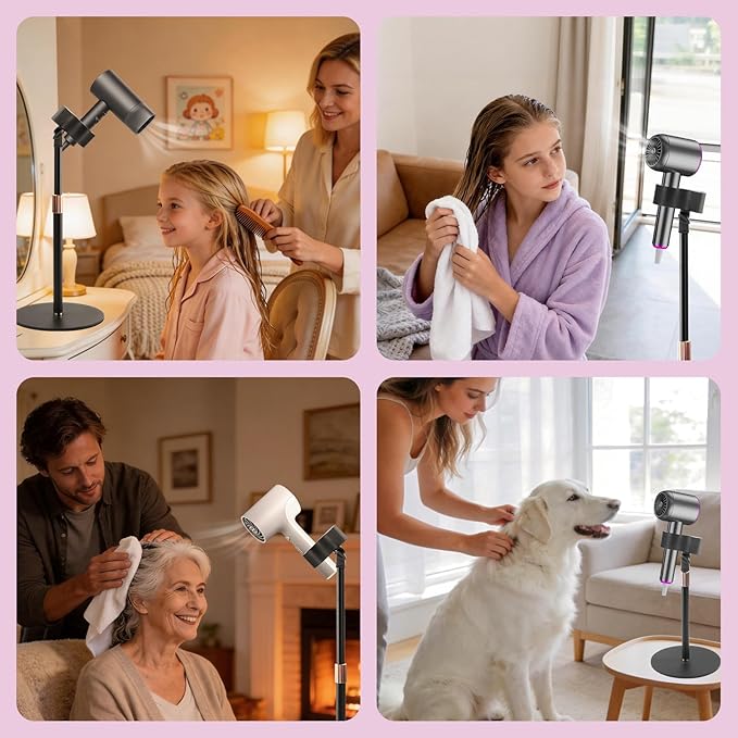 BILIONE Hair Dryer Stand Holder, Height Adjustable Countertop Blow Dryer Holder, 360° Rotating, Heavy Duty Non-Slip Base＆Universal Clip, Compatible with 99% of Hair Dryers