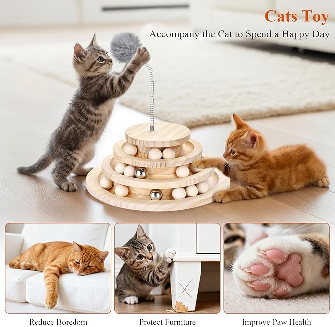 Large 2-in-1 Wooden cat Toy Tower with Spring cat Toy Stick, Indoor Interactive Track Ball and Bell Toy for Kittens - Puzzle Solving, Exercise and Play