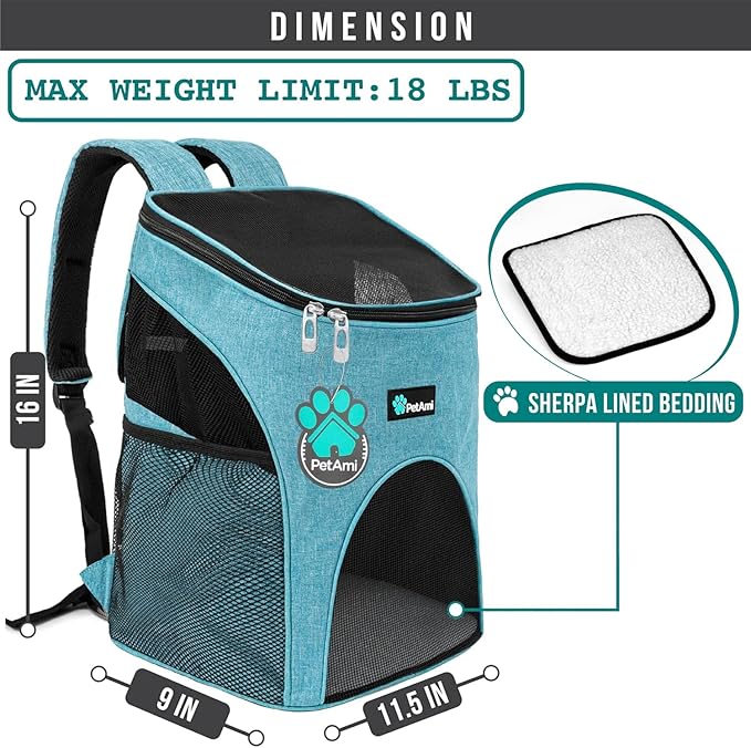 PetAmi Cat Backpack Carrier, Airline Approved Pet Carrier Backpack for Small Dogs and Large Cats, Soft Sided Collapsible Ventilated with Sherpa Bed for Hiking Travel, Max 18 lbs, Sea Blue