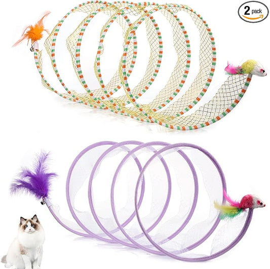 2pcs, Folded Cat Tunnel Spring, 10in Large Size Portable Cat Toy Spiral Tunnel, with Synthetic Feather and Toy Mouse Tunnel Spring Outdoor Puppy Kitten Generic (Striped Yellow, Purple)