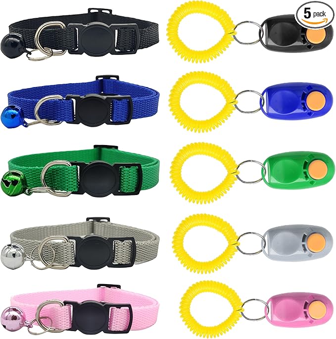 SunGrow Puppy Collars & Training Clickers, Dog Behavioral Management and Positive Reinforcement Tools, Multi-Colored (Blue, Pink, Green, Grey, Black), with Stretchable Wristband, 5 Pairs per Pack