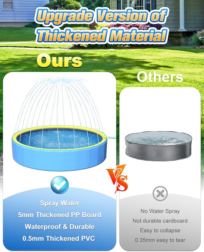 Yivsen 63in Sturdy Dog Pool with Sprinkler, 2-in-1 Non-Slip Kiddie/Kids Pool Hard Plastic, Foldable Dog Sprinkler Pools for Large Dogs, Portable Pet Swimming Pool for Summer Outdoor Backyard
